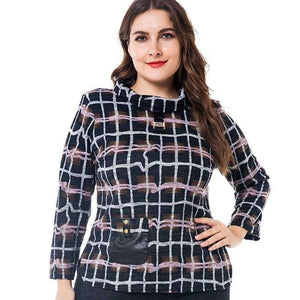 Planet Gates Multi / XL Women's Plus Size VintageT-shirts 2018 autumn new half-high collar plaid long-sleeved head tee tops 4XL 5XL 6XL