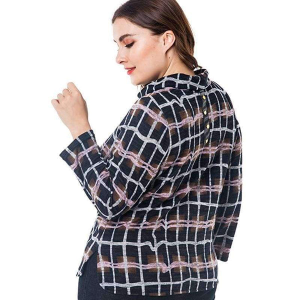 Planet Gates Multi / XL Women's Plus Size VintageT-shirts 2018 autumn new half-high collar plaid long-sleeved head tee tops 4XL 5XL 6XL