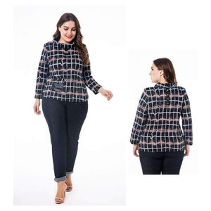 Planet Gates Multi / XL Women's Plus Size VintageT-shirts 2018 autumn new half-high collar plaid long-sleeved head tee tops 4XL 5XL 6XL