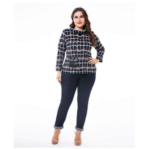 Planet Gates Multi / XL Women's Plus Size VintageT-shirts 2018 autumn new half-high collar plaid long-sleeved head tee tops 4XL 5XL 6XL