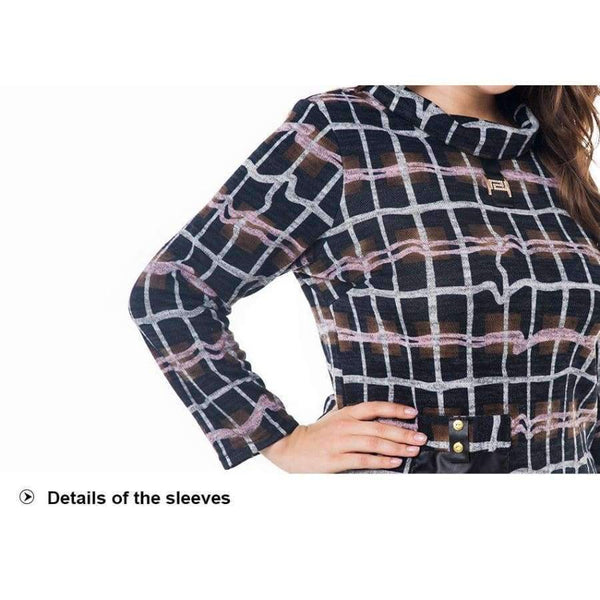 Planet Gates Multi / XL Women's Plus Size VintageT-shirts 2018 autumn new half-high collar plaid long-sleeved head tee tops 4XL 5XL 6XL