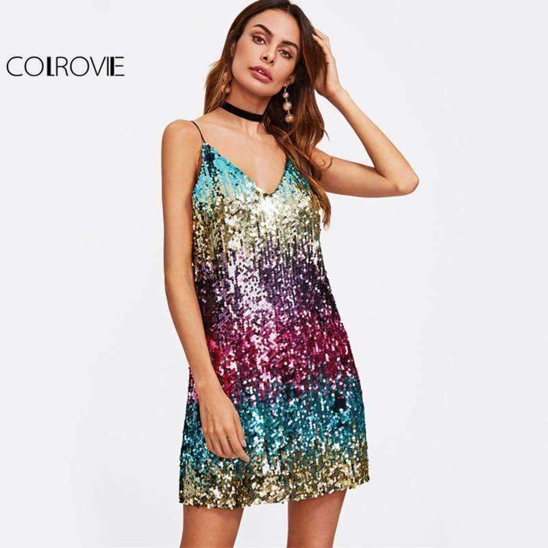 Planet Gates Multi / XS Colorful Sequin Party Club Dress Women Sexy A Line Mini Summer Cami Dresses Fashion Sleeveless V Neck Hot Dress