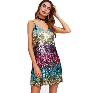 Planet Gates Multi / XS Colorful Sequin Party Club Dress Women Sexy A Line Mini Summer Cami Dresses Fashion Sleeveless V Neck Hot Dress