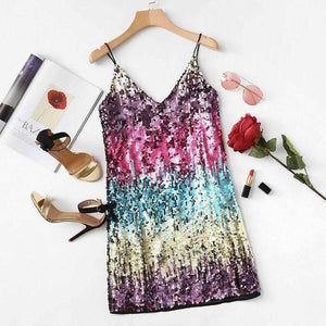 Planet Gates Multi / XS Colorful Sequin Party Club Dress Women Sexy A Line Mini Summer Cami Dresses Fashion Sleeveless V Neck Hot Dress