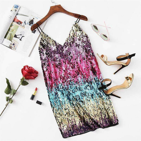 Planet Gates Multi / XS Colorful Sequin Party Club Dress Women Sexy A Line Mini Summer Cami Dresses Fashion Sleeveless V Neck Hot Dress