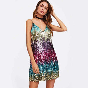 Planet Gates Multi / XS Colorful Sequin Party Club Dress Women Sexy A Line Mini Summer Cami Dresses Fashion Sleeveless V Neck Hot Dress