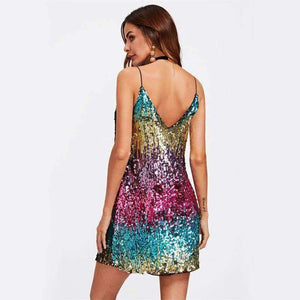 Planet Gates Multi / XS Colorful Sequin Party Club Dress Women Sexy A Line Mini Summer Cami Dresses Fashion Sleeveless V Neck Hot Dress