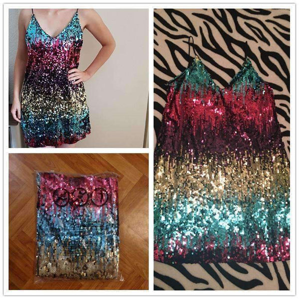 Planet Gates Multi / XS Colorful Sequin Party Club Dress Women Sexy A Line Mini Summer Cami Dresses Fashion Sleeveless V Neck Hot Dress