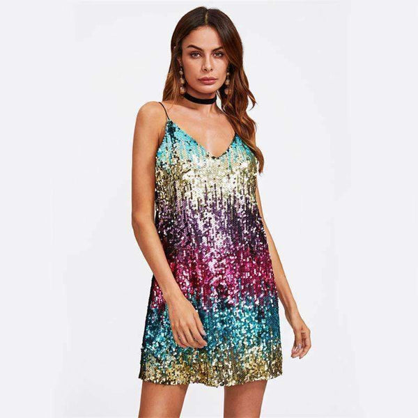 Planet Gates Multi / XS Colorful Sequin Party Club Dress Women Sexy A Line Mini Summer Cami Dresses Fashion Sleeveless V Neck Hot Dress