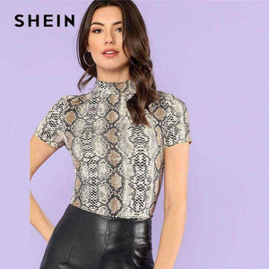 Planet Gates Multi / XS Mock Neck Snake Print Casual Tee Women Stand Collar Short Sleeve Slim T-shirt 2018 Summer New Female Sexy Top Tee