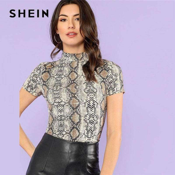 Planet Gates Multi / XS Mock Neck Snake Print Casual Tee Women Stand Collar Short Sleeve Slim T-shirt 2018 Summer New Female Sexy Top Tee
