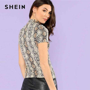 Planet Gates Multi / XS Mock Neck Snake Print Casual Tee Women Stand Collar Short Sleeve Slim T-shirt 2018 Summer New Female Sexy Top Tee