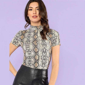 Planet Gates Multi / XS Mock Neck Snake Print Casual Tee Women Stand Collar Short Sleeve Slim T-shirt 2018 Summer New Female Sexy Top Tee