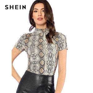 Planet Gates Multi / XS Mock Neck Snake Print Casual Tee Women Stand Collar Short Sleeve Slim T-shirt 2018 Summer New Female Sexy Top Tee