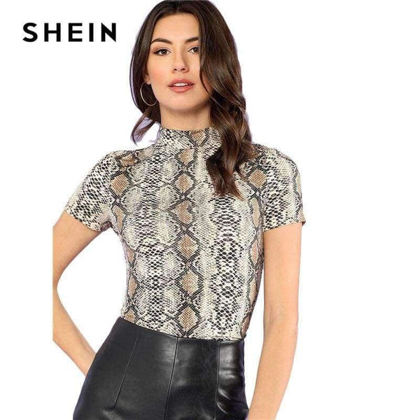Planet Gates Multi / XS Mock Neck Snake Print Casual Tee Women Stand Collar Short Sleeve Slim T-shirt 2018 Summer New Female Sexy Top Tee