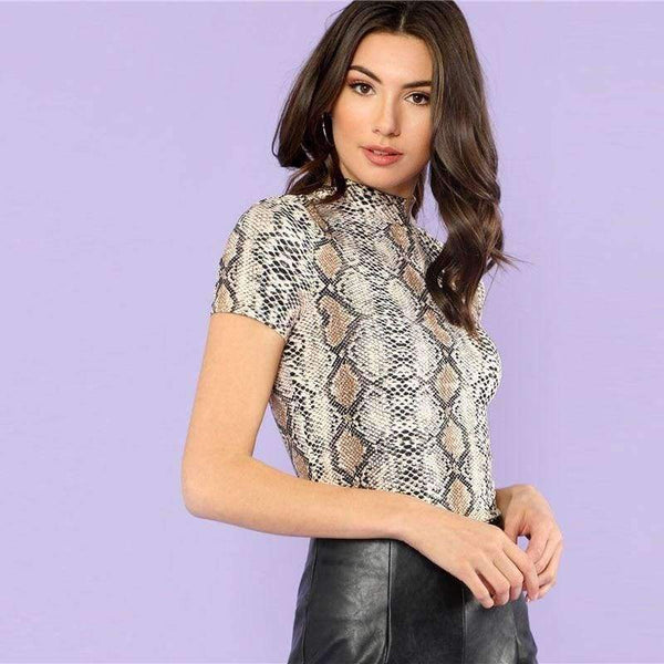 Planet Gates Multi / XS Mock Neck Snake Print Casual Tee Women Stand Collar Short Sleeve Slim T-shirt 2018 Summer New Female Sexy Top Tee