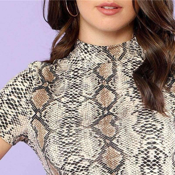 Planet Gates Multi / XS Mock Neck Snake Print Casual Tee Women Stand Collar Short Sleeve Slim T-shirt 2018 Summer New Female Sexy Top Tee