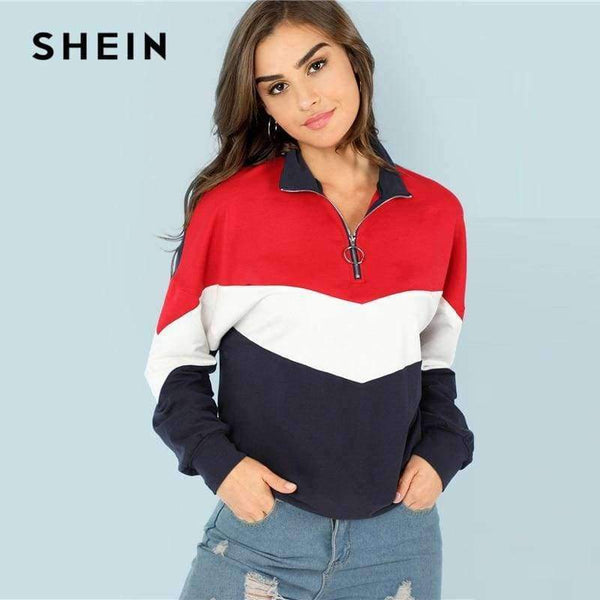 Planet Gates Multi / XS SHEIN Multicolor Minimalist O-Ring Zip Front Cut And Sew Stand Neck Raglan Sleeve Sweatshirt Autumn Women Casual Pullovers