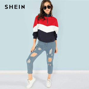 Planet Gates Multi / XS SHEIN Multicolor Minimalist O-Ring Zip Front Cut And Sew Stand Neck Raglan Sleeve Sweatshirt Autumn Women Casual Pullovers