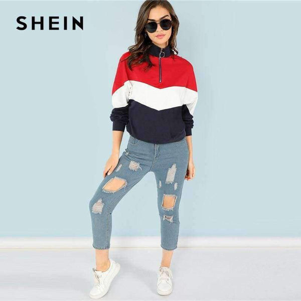 Planet Gates Multi / XS SHEIN Multicolor Minimalist O-Ring Zip Front Cut And Sew Stand Neck Raglan Sleeve Sweatshirt Autumn Women Casual Pullovers