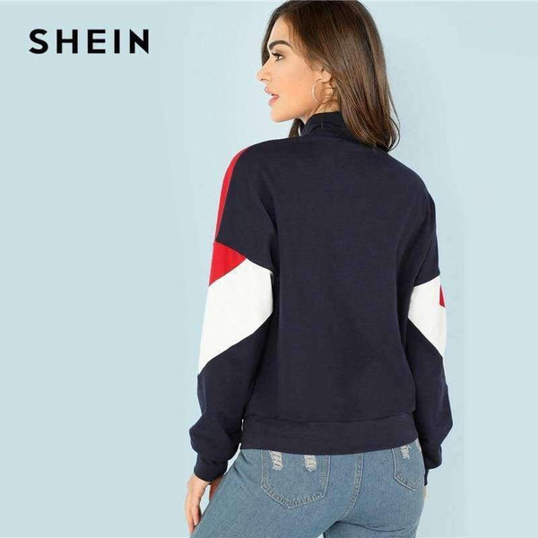 Planet Gates Multi / XS SHEIN Multicolor Minimalist O-Ring Zip Front Cut And Sew Stand Neck Raglan Sleeve Sweatshirt Autumn Women Casual Pullovers