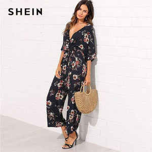 Planet Gates Multi / XS Surplice Neck Wide Leg Maxi Floral Jumpsuit Women Deep V Neck Batwing 3/4 Sleeve Belted Rompers 2018 Elegant Jumpsuit