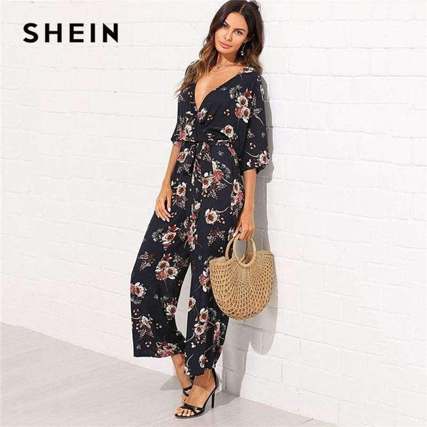 Planet Gates Multi / XS Surplice Neck Wide Leg Maxi Floral Jumpsuit Women Deep V Neck Batwing 3/4 Sleeve Belted Rompers 2018 Elegant Jumpsuit