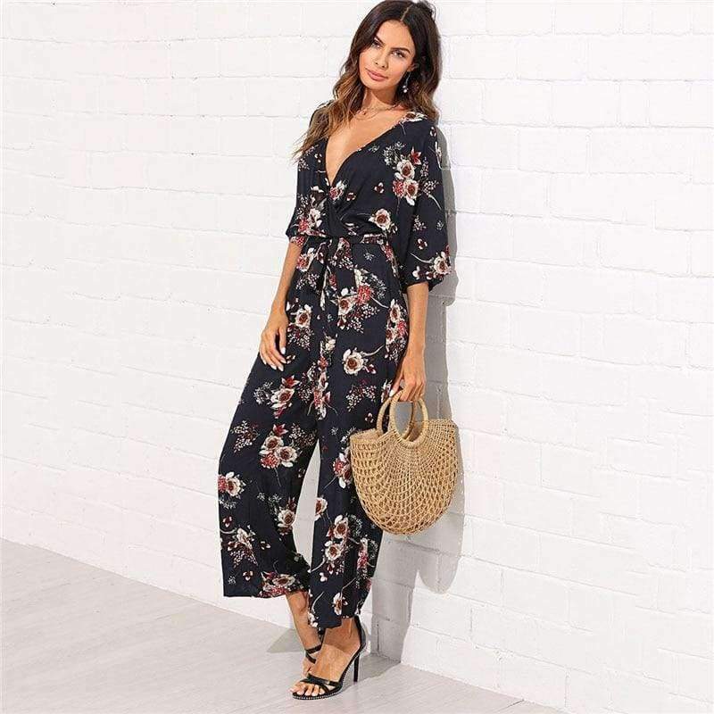 Planet Gates Multi / XS Surplice Neck Wide Leg Maxi Floral Jumpsuit Women Deep V Neck Batwing 3/4 Sleeve Belted Rompers 2018 Elegant Jumpsuit
