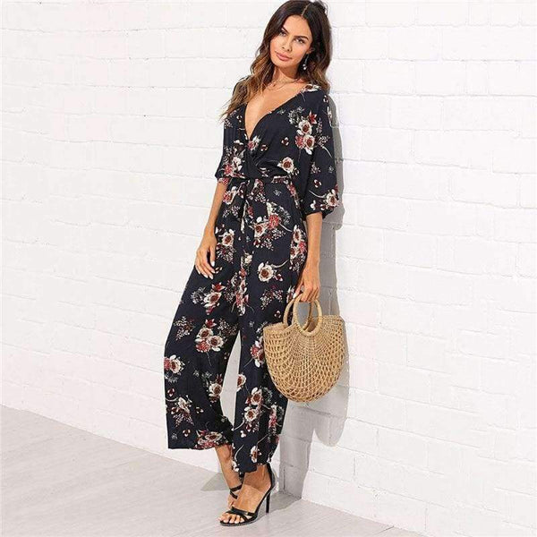 Planet Gates Multi / XS Surplice Neck Wide Leg Maxi Floral Jumpsuit Women Deep V Neck Batwing 3/4 Sleeve Belted Rompers 2018 Elegant Jumpsuit
