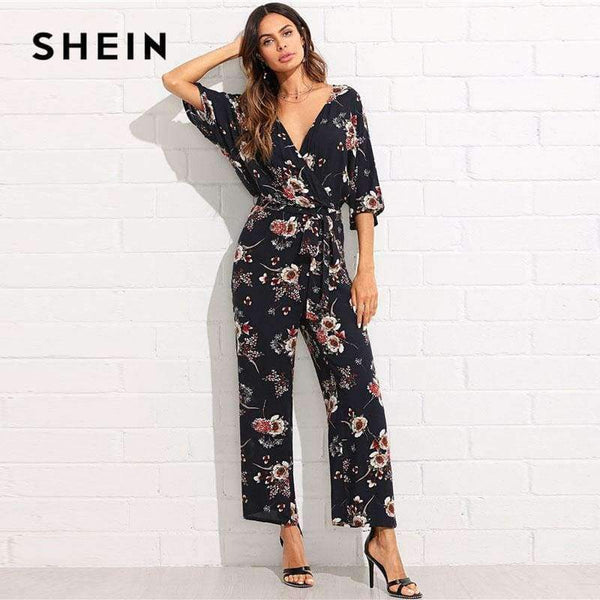 Planet Gates Multi / XS Surplice Neck Wide Leg Maxi Floral Jumpsuit Women Deep V Neck Batwing 3/4 Sleeve Belted Rompers 2018 Elegant Jumpsuit