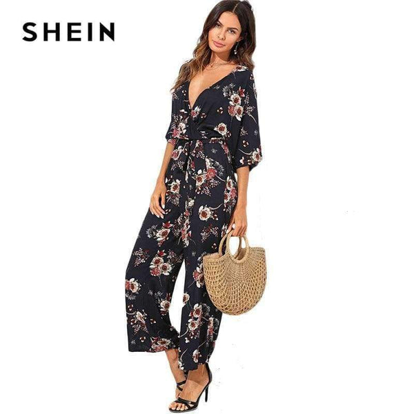 Planet Gates Multi / XS Surplice Neck Wide Leg Maxi Floral Jumpsuit Women Deep V Neck Batwing 3/4 Sleeve Belted Rompers 2018 Elegant Jumpsuit