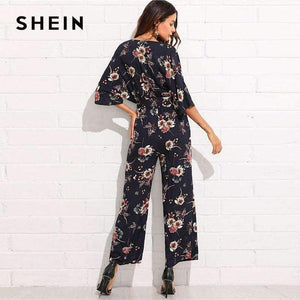 Planet Gates Multi / XS Surplice Neck Wide Leg Maxi Floral Jumpsuit Women Deep V Neck Batwing 3/4 Sleeve Belted Rompers 2018 Elegant Jumpsuit
