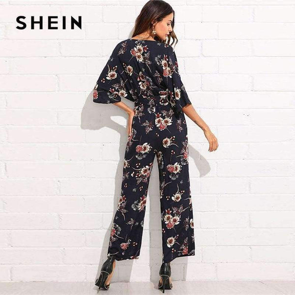 Planet Gates Multi / XS Surplice Neck Wide Leg Maxi Floral Jumpsuit Women Deep V Neck Batwing 3/4 Sleeve Belted Rompers 2018 Elegant Jumpsuit