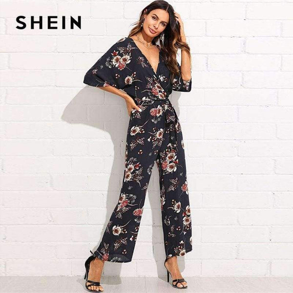 Planet Gates Multi / XS Surplice Neck Wide Leg Maxi Floral Jumpsuit Women Deep V Neck Batwing 3/4 Sleeve Belted Rompers 2018 Elegant Jumpsuit