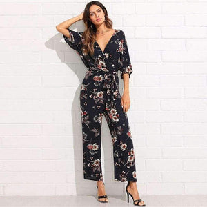 Planet Gates Multi / XS Surplice Neck Wide Leg Maxi Floral Jumpsuit Women Deep V Neck Batwing 3/4 Sleeve Belted Rompers 2018 Elegant Jumpsuit