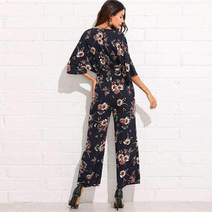Planet Gates Multi / XS Surplice Neck Wide Leg Maxi Floral Jumpsuit Women Deep V Neck Batwing 3/4 Sleeve Belted Rompers 2018 Elegant Jumpsuit