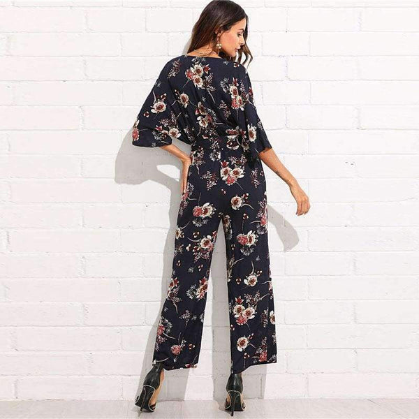 Planet Gates Multi / XS Surplice Neck Wide Leg Maxi Floral Jumpsuit Women Deep V Neck Batwing 3/4 Sleeve Belted Rompers 2018 Elegant Jumpsuit