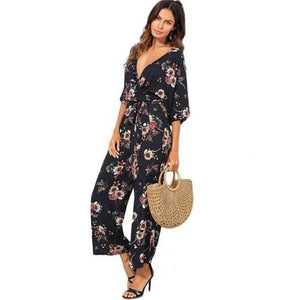 Planet Gates Multi / XS Surplice Neck Wide Leg Maxi Floral Jumpsuit Women Deep V Neck Batwing 3/4 Sleeve Belted Rompers 2018 Elegant Jumpsuit