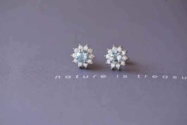 Planet Gates Natural Aquamarine Round Cut Diamond Wedding Earrings Jewelry Gemstone