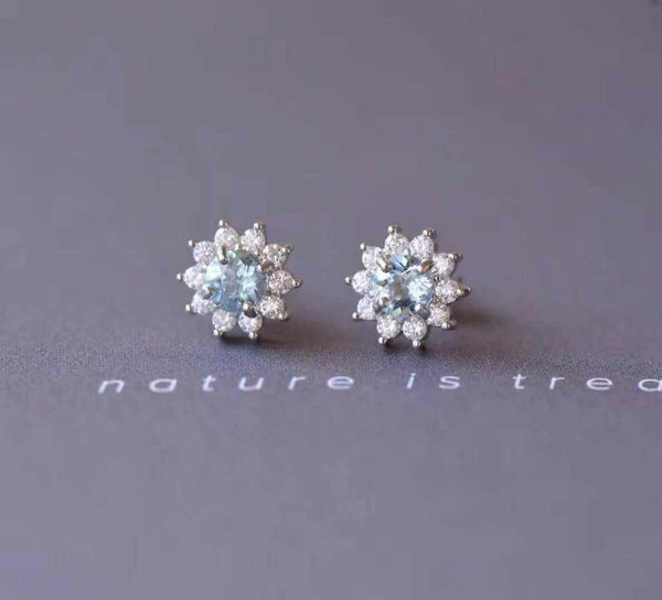 Planet Gates Natural Aquamarine Round Cut Diamond Wedding Earrings Jewelry Gemstone