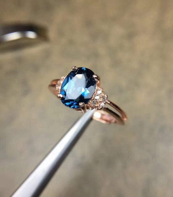 Planet Gates Natural Blue Topaz Gemstone S925 Sterling Silver rose glod Ring Diamond Women Fine Jewelry