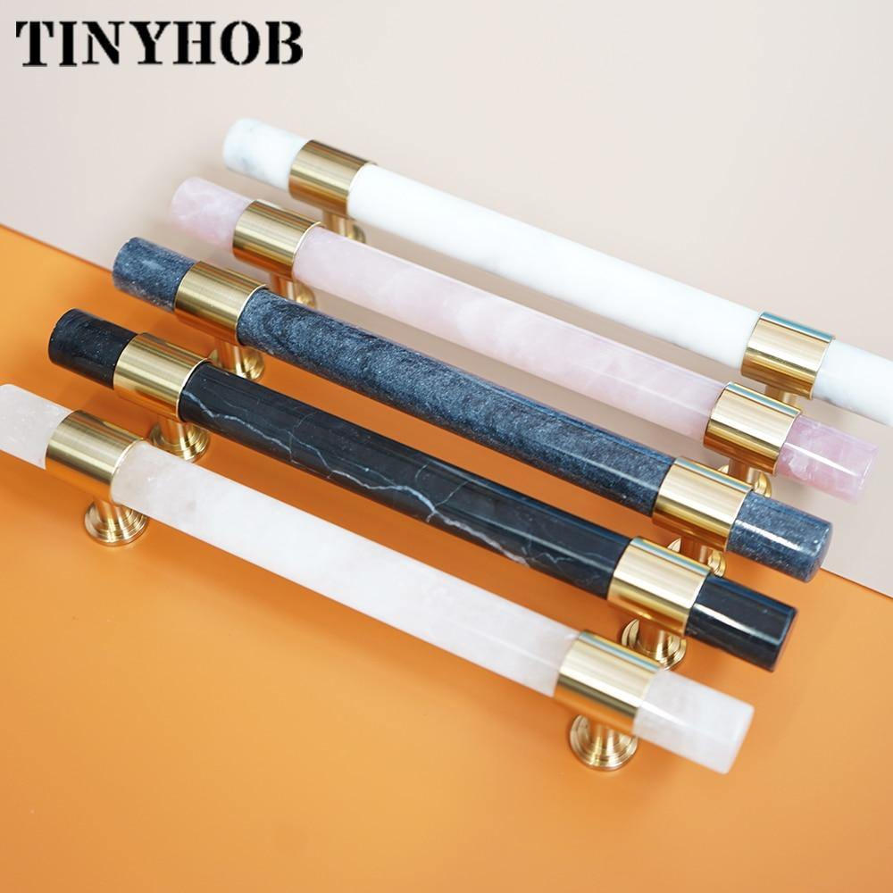 Natural Marble/Crystal + Brass T Bar Cabinet Handle And Knobs Kitchen Cupboard Door Pulls Furniture Handle Dresser Knob Hardware
