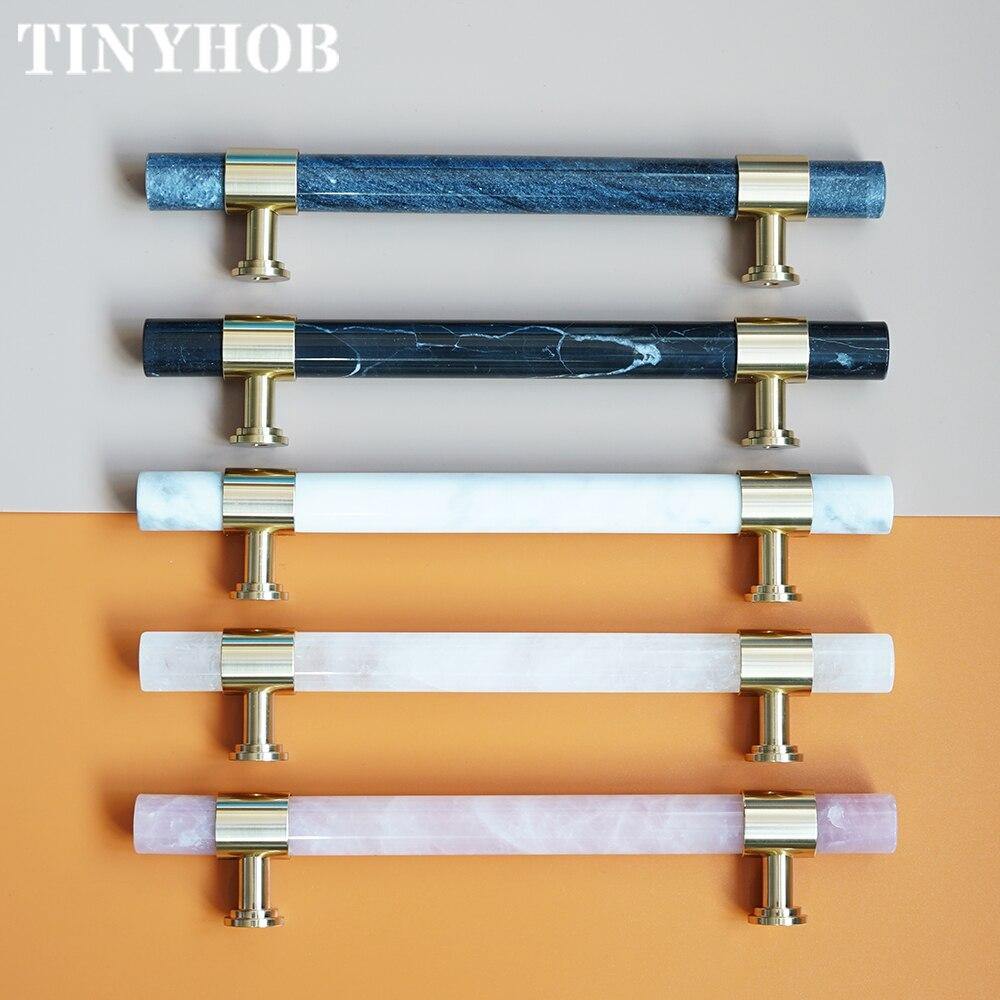 Natural Marble/Crystal + Brass T Bar Cabinet Handle And Knobs Kitchen Cupboard Door Pulls Furniture Handle Dresser Knob Hardware