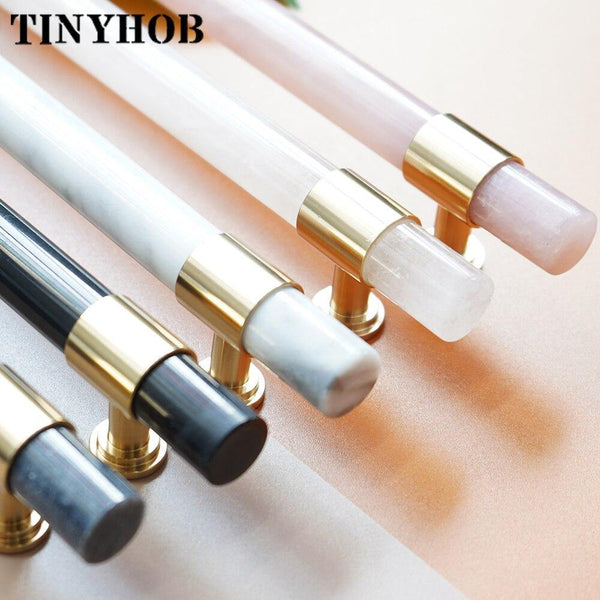 Natural Marble/Crystal + Brass T Bar Cabinet Handle And Knobs Kitchen Cupboard Door Pulls Furniture Handle Dresser Knob Hardware