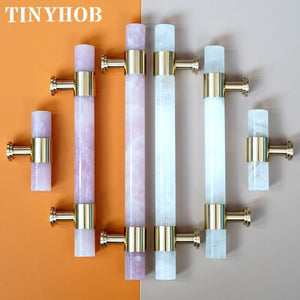 Natural Marble/Crystal + Brass T Bar Cabinet Handle And Knobs Kitchen Cupboard Door Pulls Furniture Handle Dresser Knob Hardware