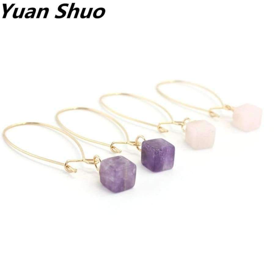 Planet Gates Natural pink/purple square crystal inlay Copper ear hook earrings The new free shipping fashion 2016 European American style