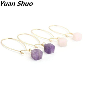 Planet Gates Natural pink/purple square crystal inlay Copper ear hook earrings The new free shipping fashion 2016 European American style