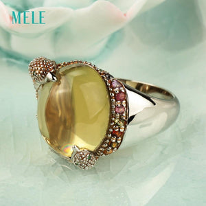 Planet Gates Natural rose quarts and lemon quarts silver ring, oval 14mm*16mm, bright tourmalines, vivid dolphins, cute and lovely