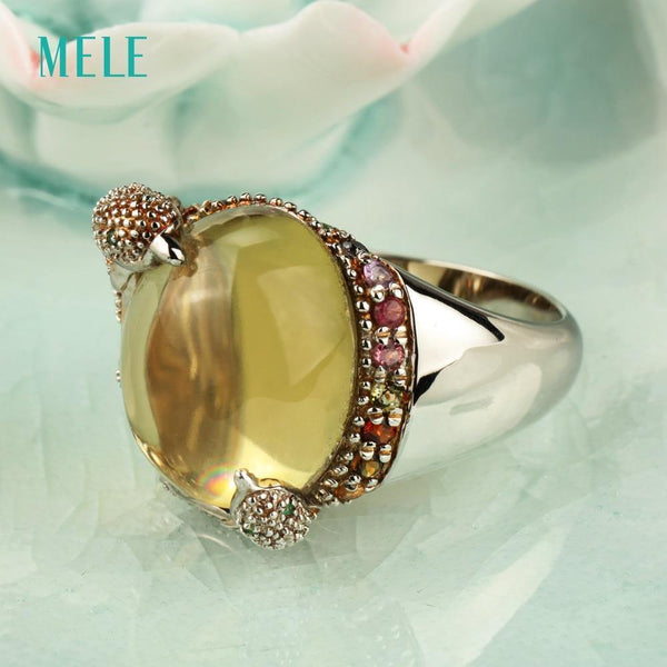 Planet Gates Natural rose quarts and lemon quarts silver ring, oval 14mm*16mm, bright tourmalines, vivid dolphins, cute and lovely