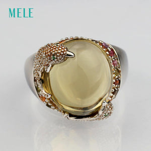 Planet Gates Natural rose quarts and lemon quarts silver ring, oval 14mm*16mm, bright tourmalines, vivid dolphins, cute and lovely